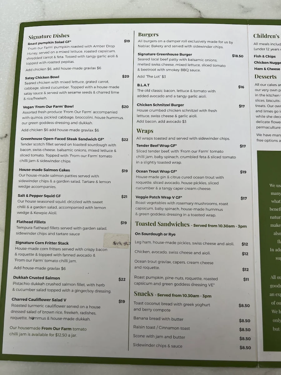 Menu, Greenhouse Cafe Nabiac