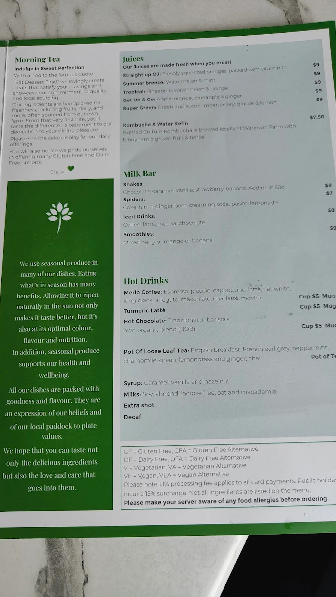 Menu, Greenhouse Cafe Nabiac