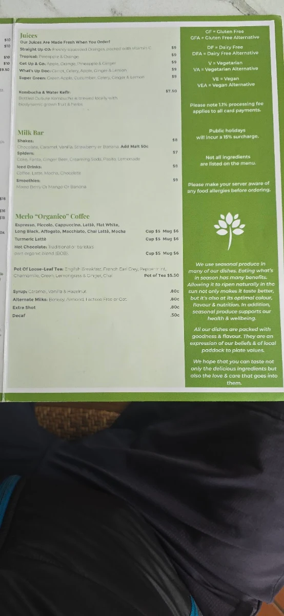 Menu, Greenhouse Cafe Nabiac