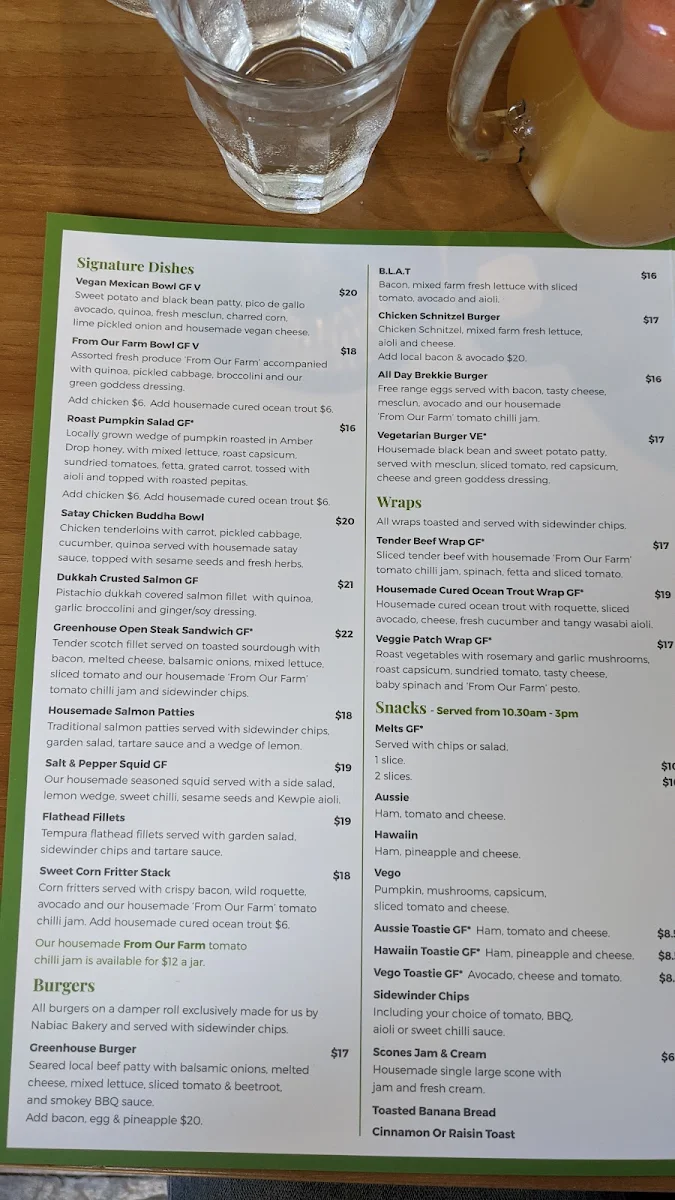 Menu, Greenhouse Cafe Nabiac