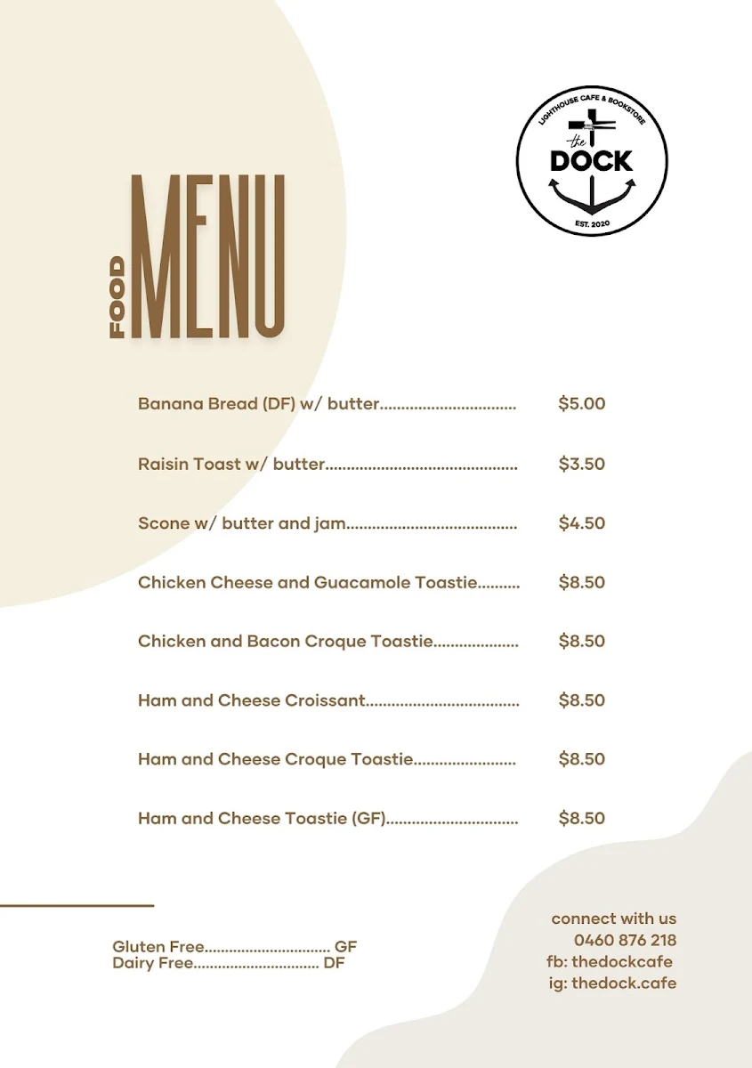 Menu, The Dock Cafe Rockhampton