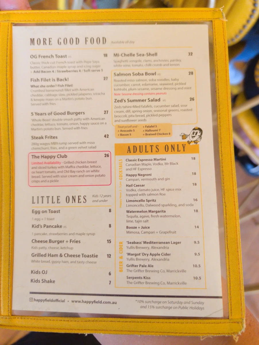 Menu, Happyfield
