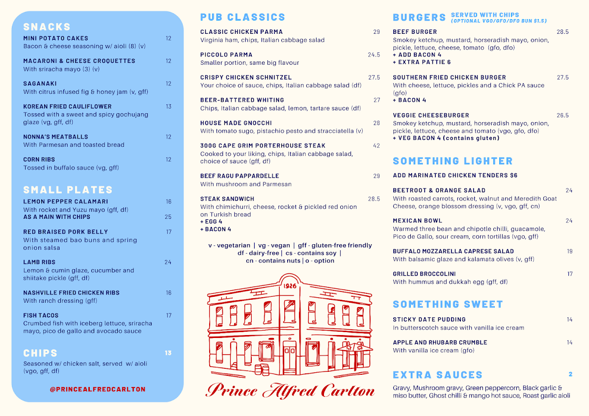 Menu, Prince Alfred Carlton