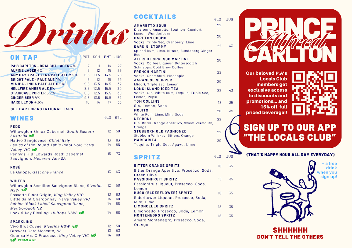 Menu, Prince Alfred Carlton