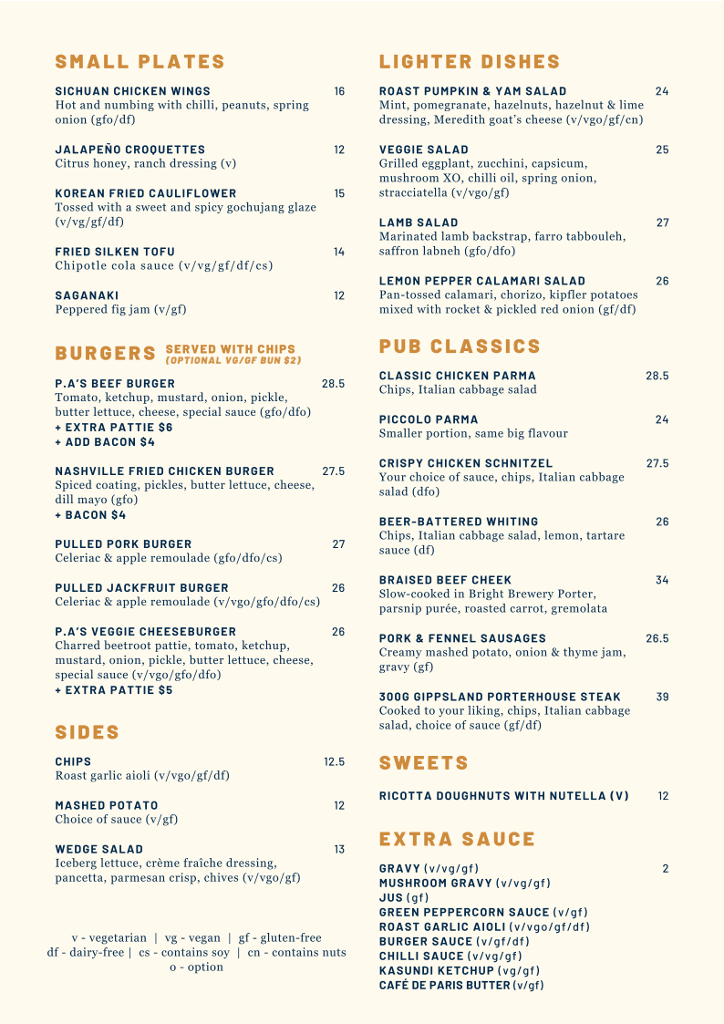 Menu, Prince Alfred Carlton