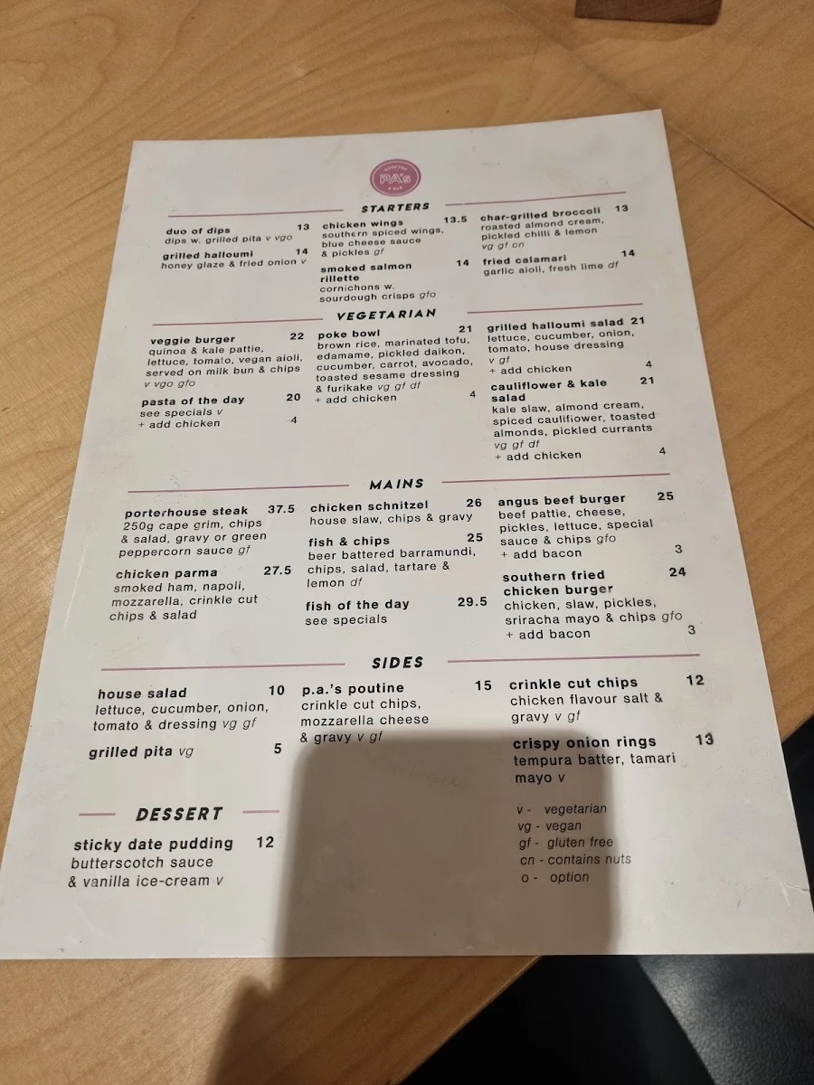 Menu, Prince Alfred Carlton