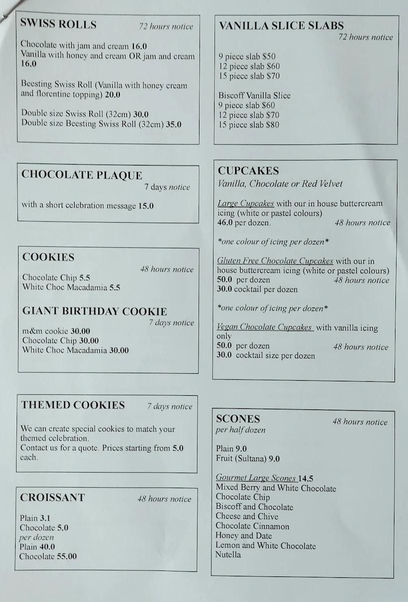 Menu, Coromandel Valley Bake Bakery