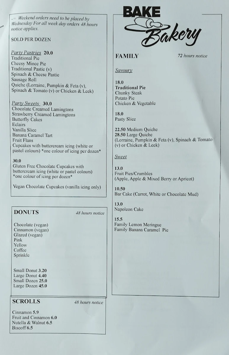 Menu, Coromandel Valley Bake Bakery
