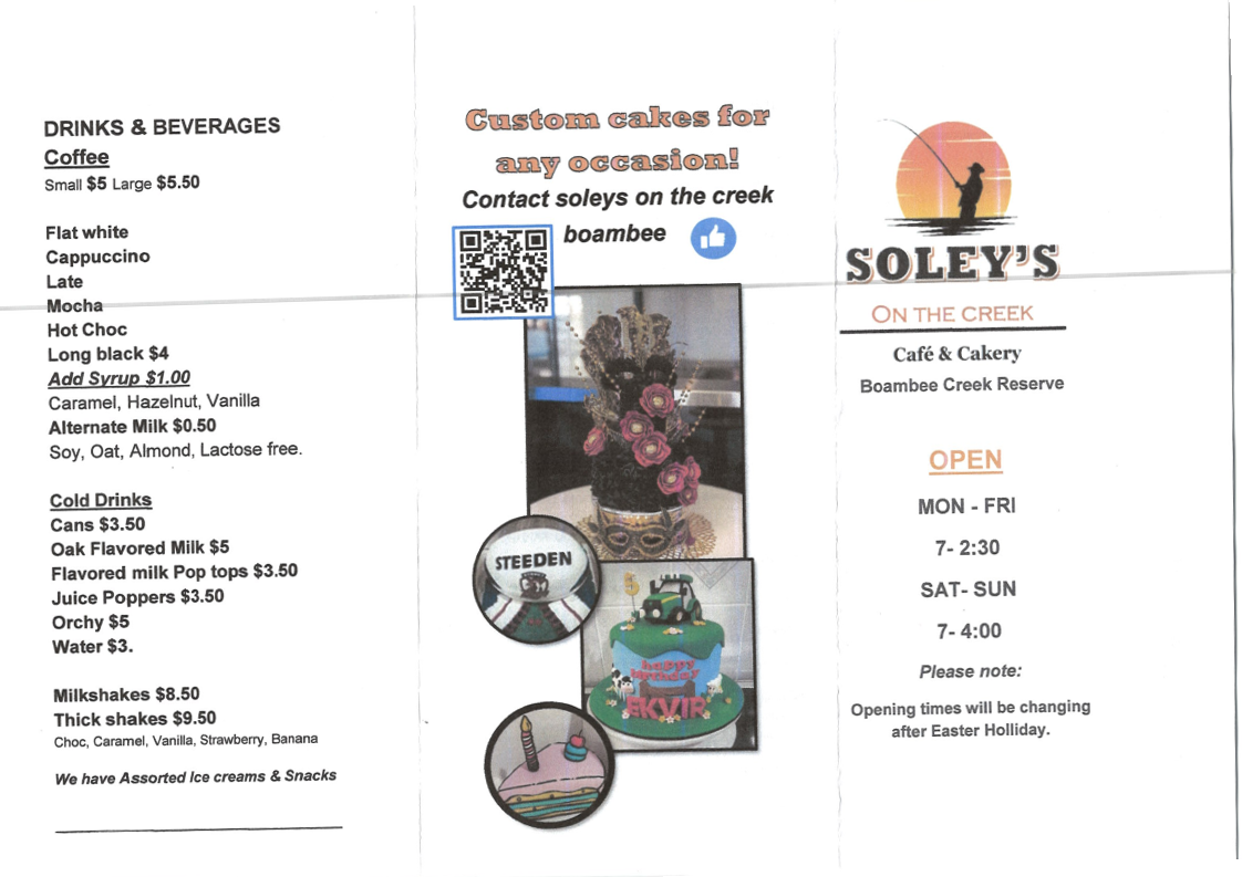 Menu, Soley's On The Creek Cafe and Cakery - Boambee Creek Reserve Kiosk