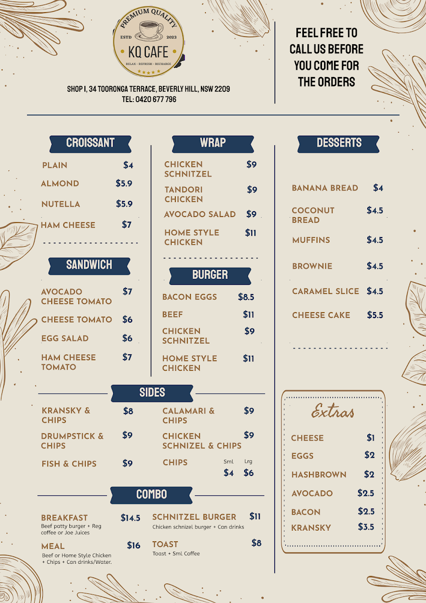 Menu, KQ Cafe