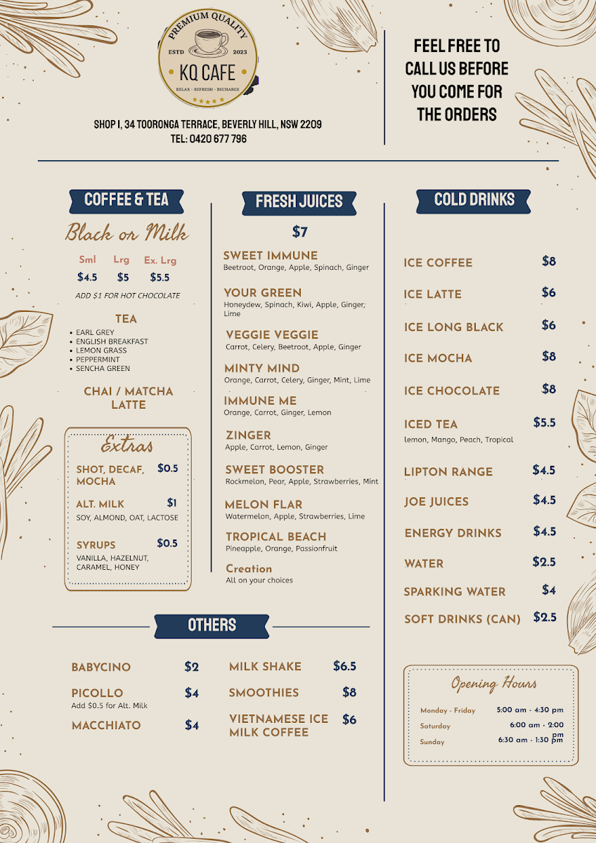 Menu, KQ Cafe