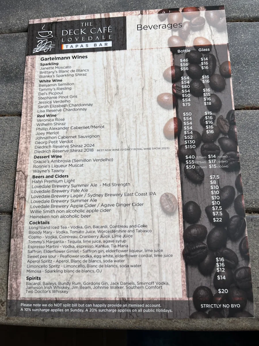 Menu, The Deck Cafe Lovedale