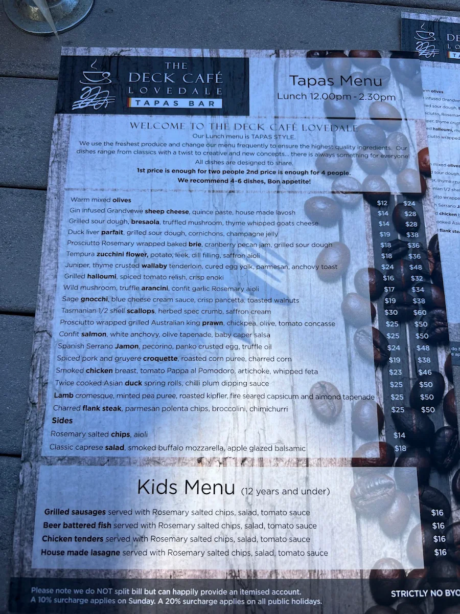 Menu, The Deck Cafe Lovedale