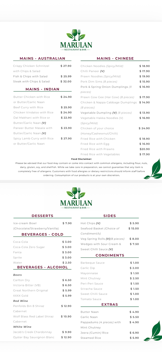Menu, Marulan Restaurant & Bar