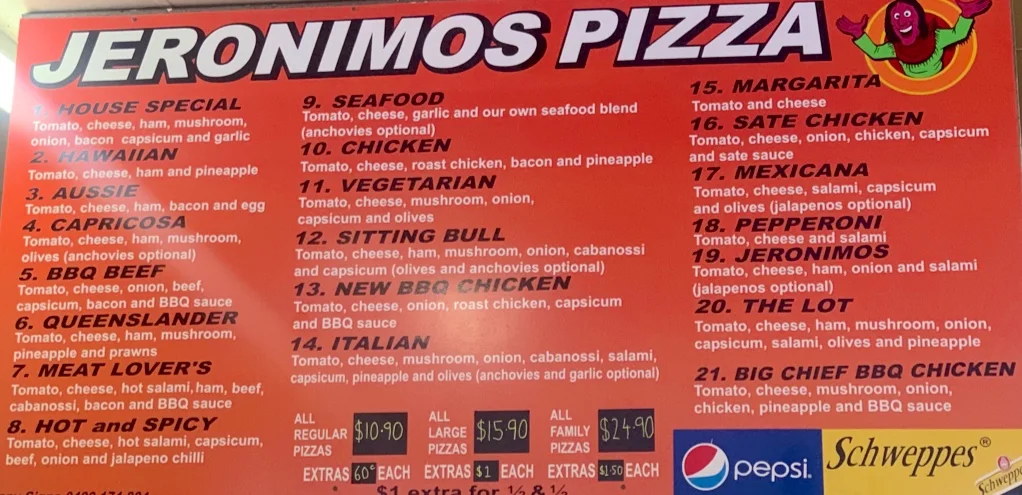 Menu, Jeronimos Pizza