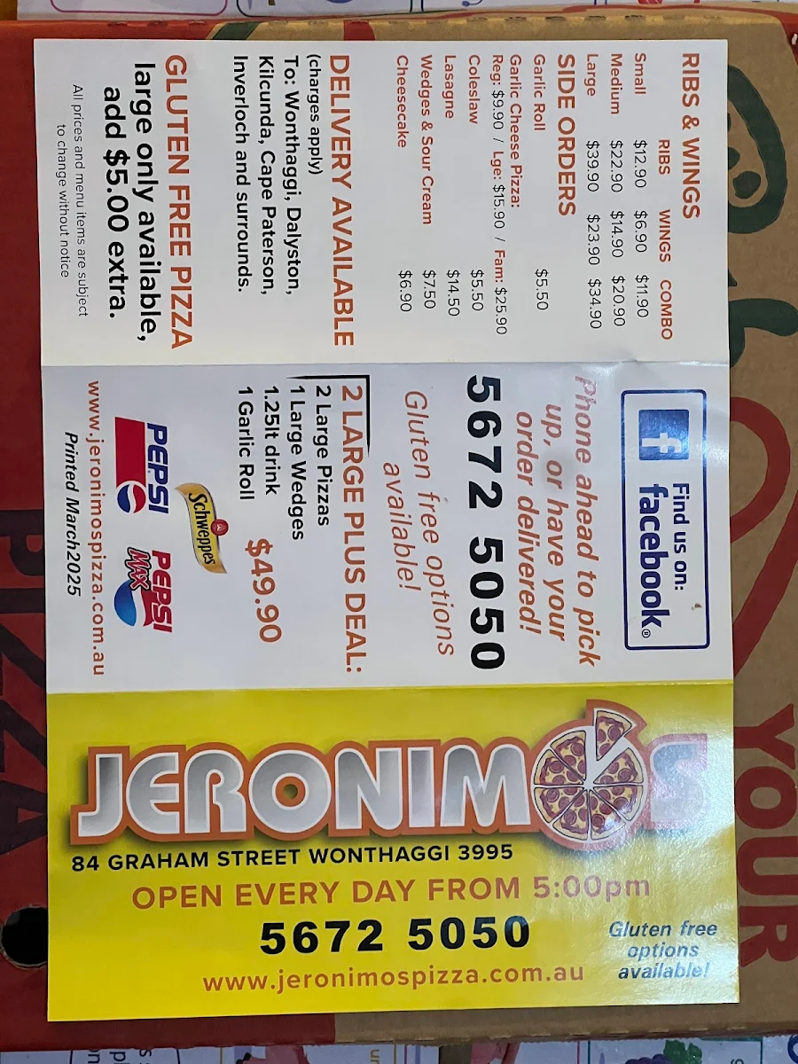 Menu, Jeronimos Pizza