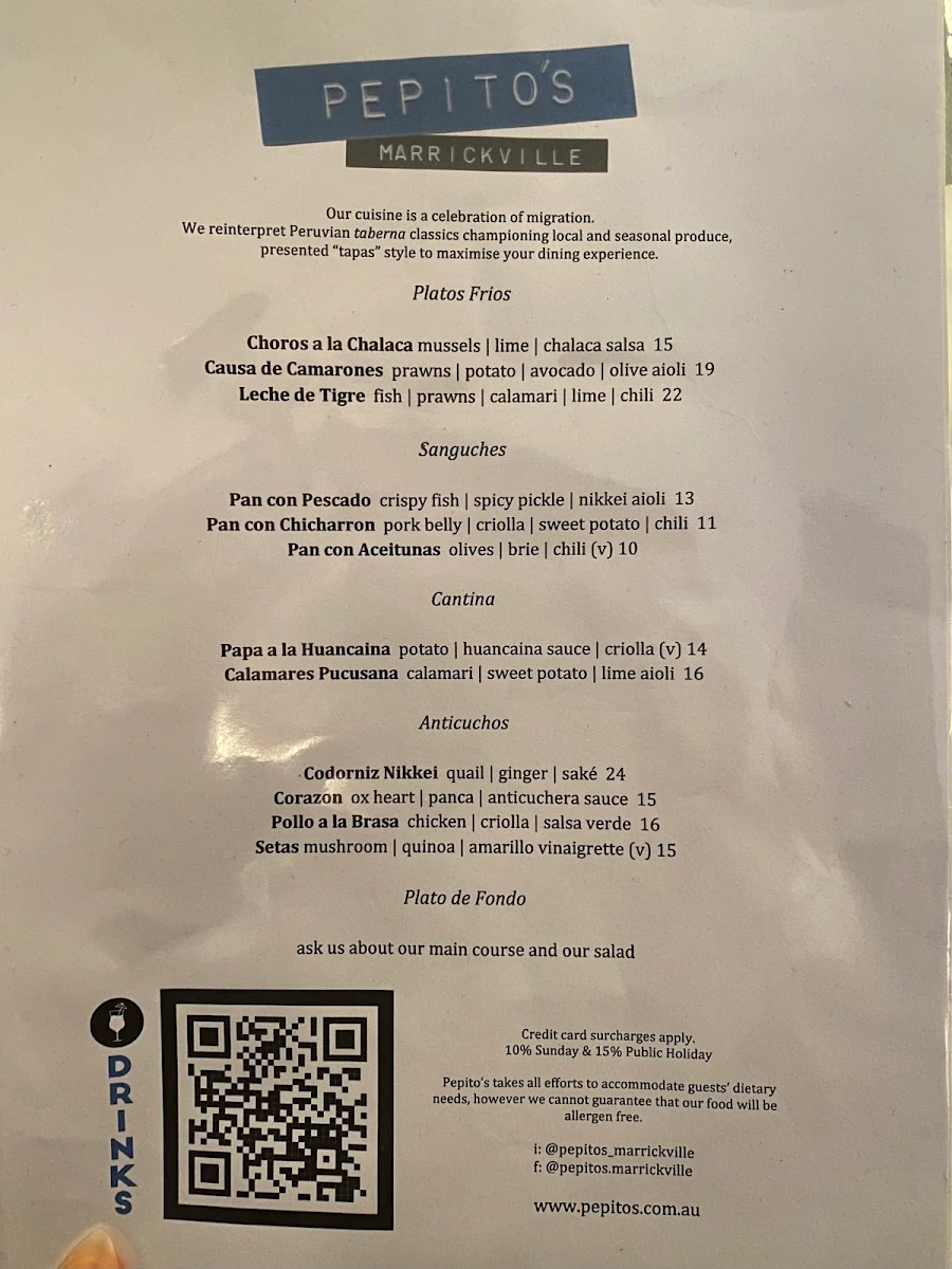 Menu, Pepito's Marrickville