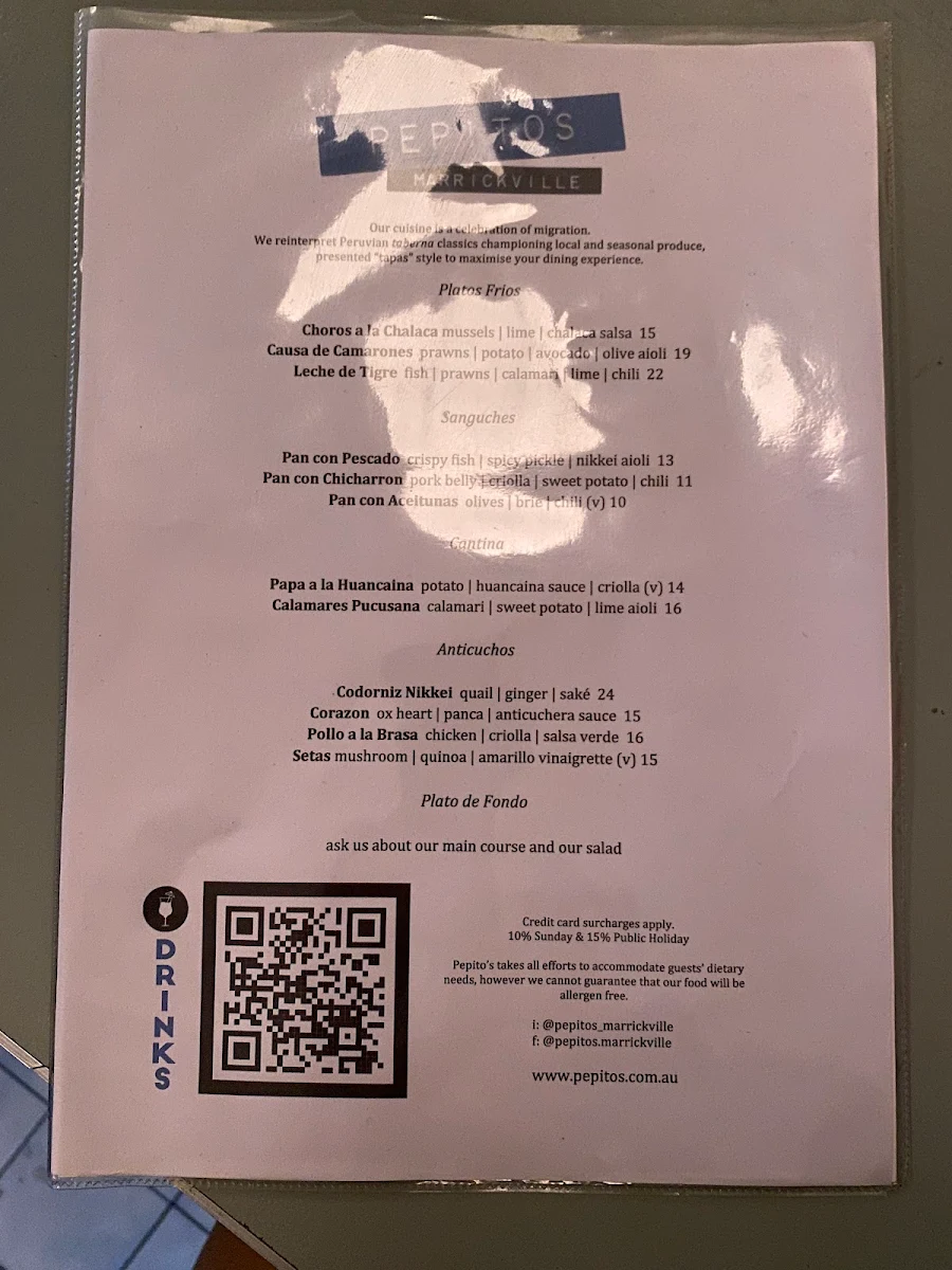 Menu, Pepito's Marrickville