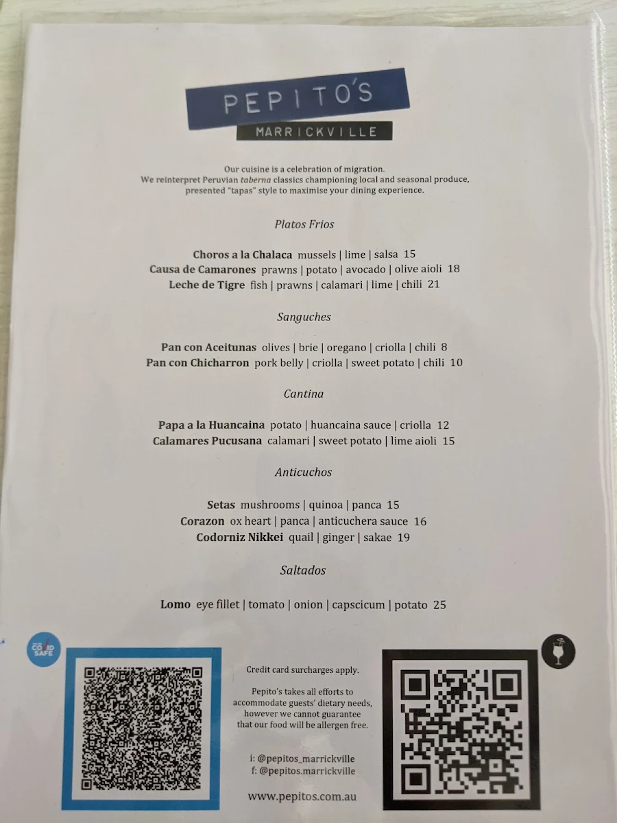Menu, Pepito's Marrickville