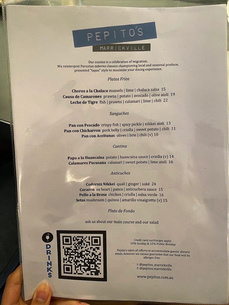 Menu, Pepito's Marrickville