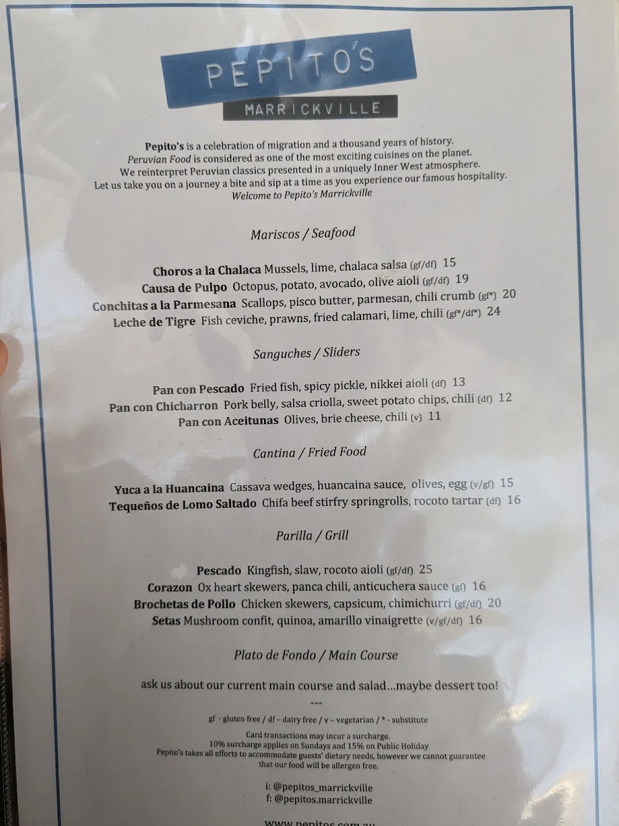 Menu, Pepito's Marrickville