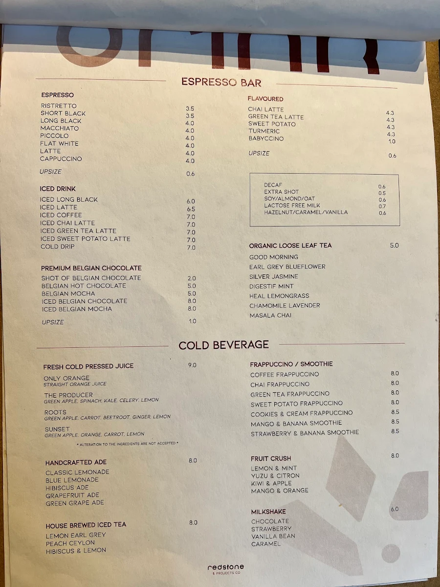 Menu, Redstone & Projects Co Newington