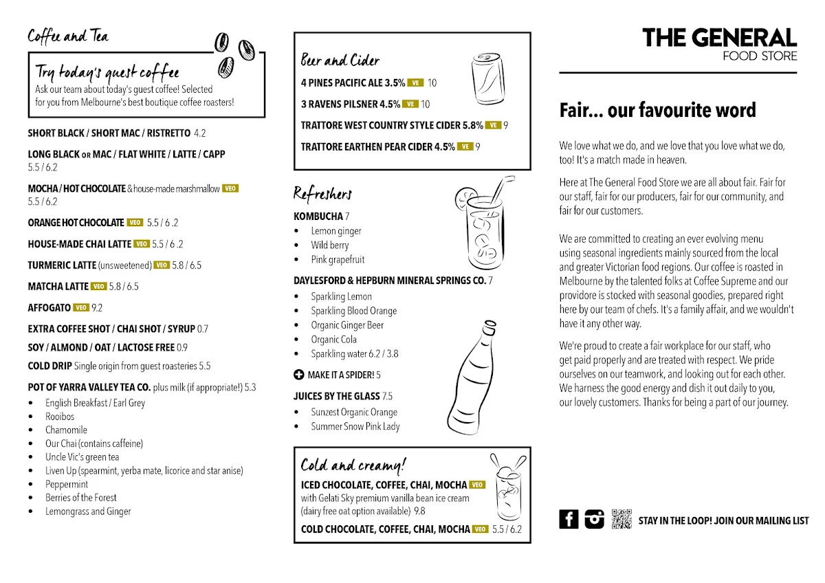 Menu, The General Food Store