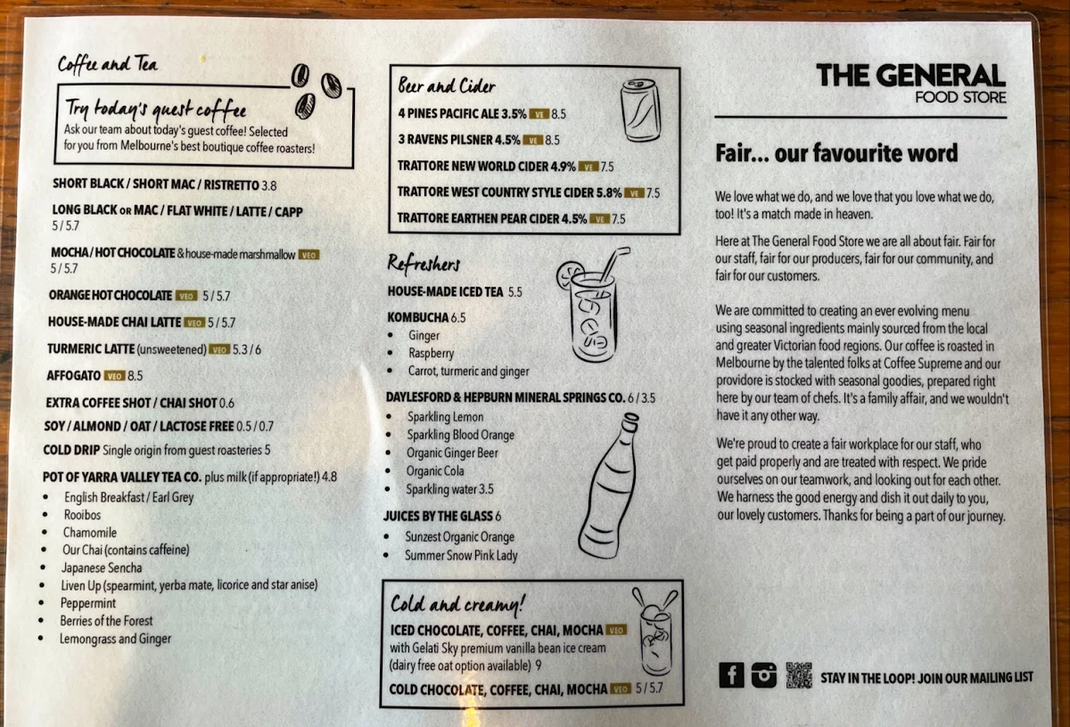 Menu, The General Food Store