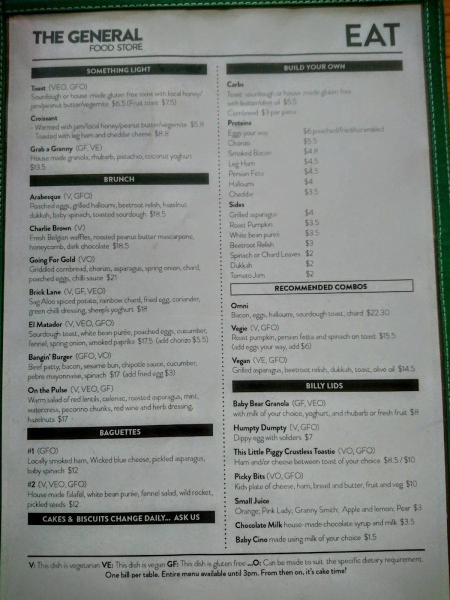 Menu, The General Food Store