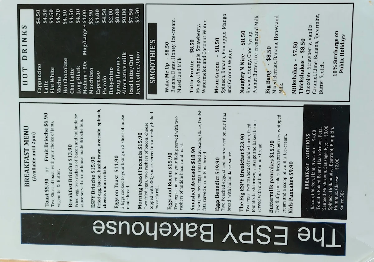 Menu, The ESPY Bakehouse