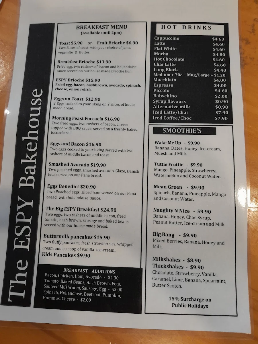 Menu, The ESPY Bakehouse