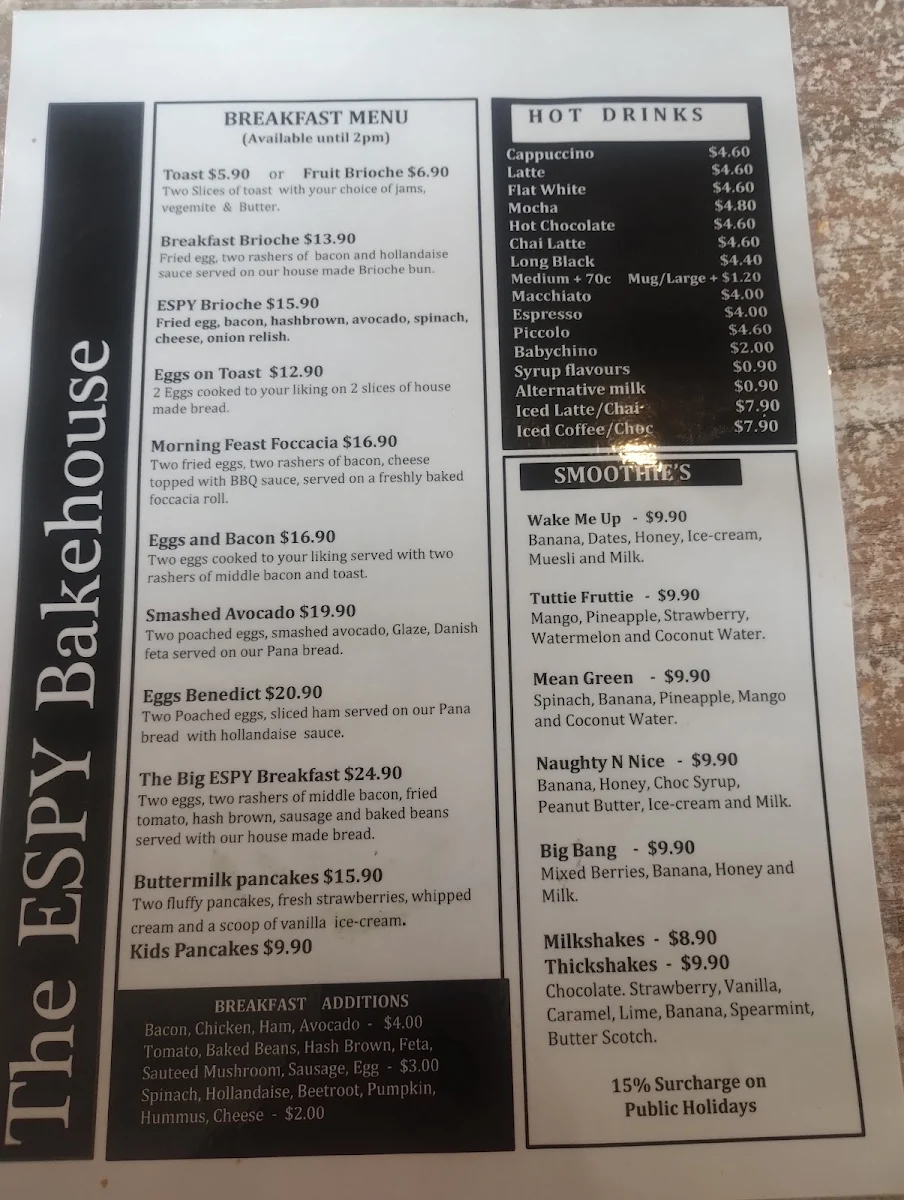 Menu, The ESPY Bakehouse