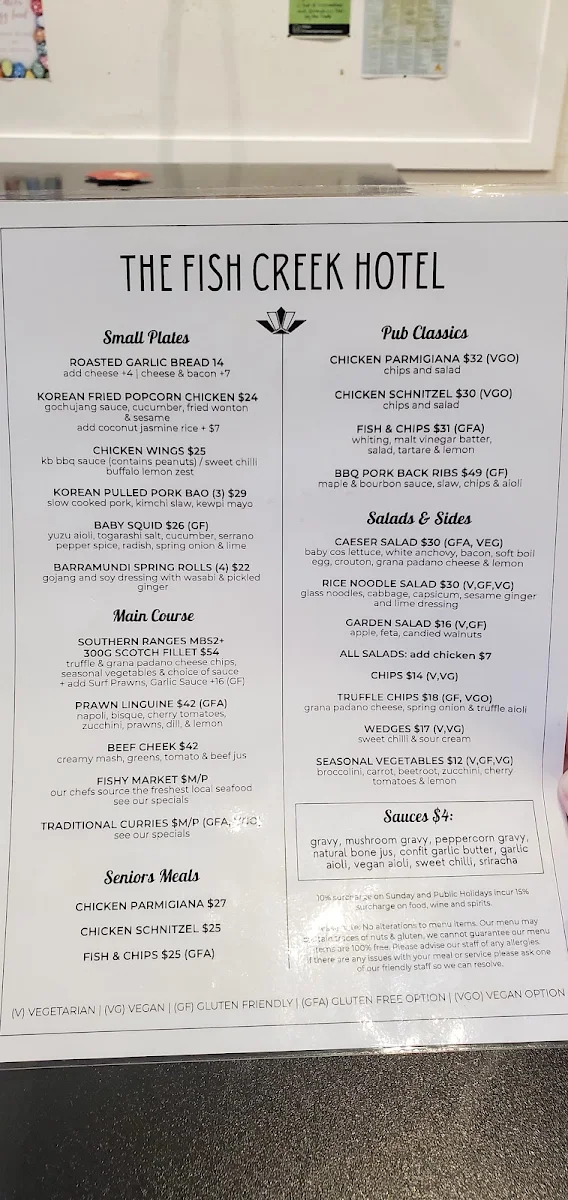Menu, Fish Creek Hotel