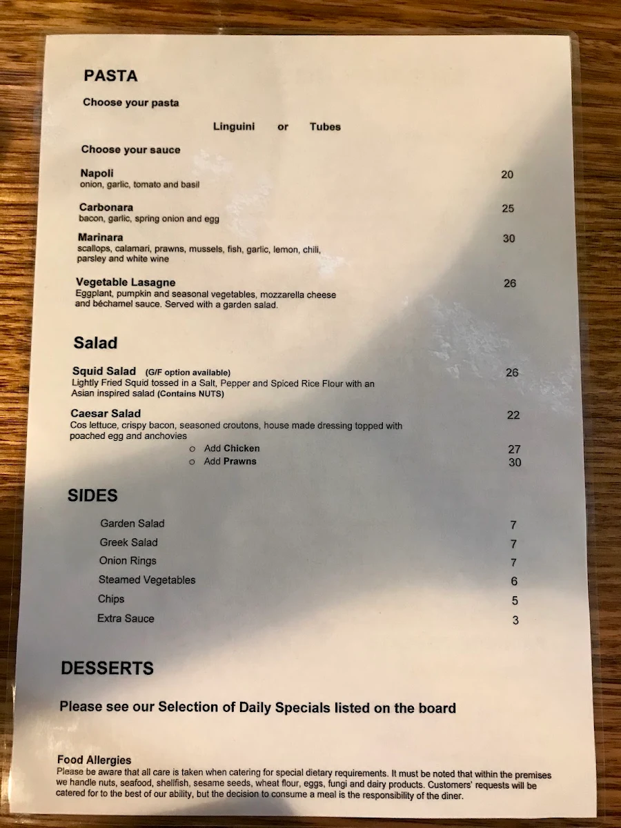 Menu, Fish Creek Hotel