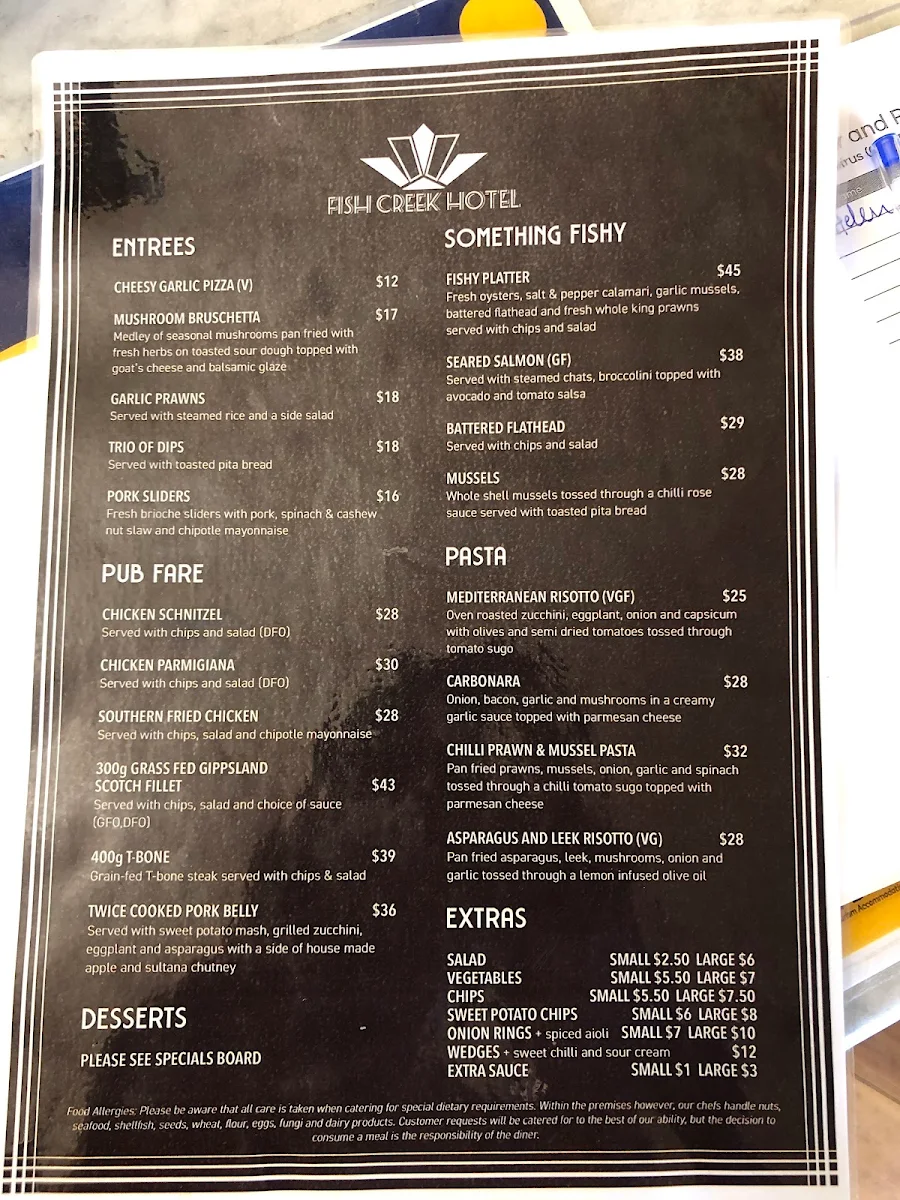 Menu, Fish Creek Hotel