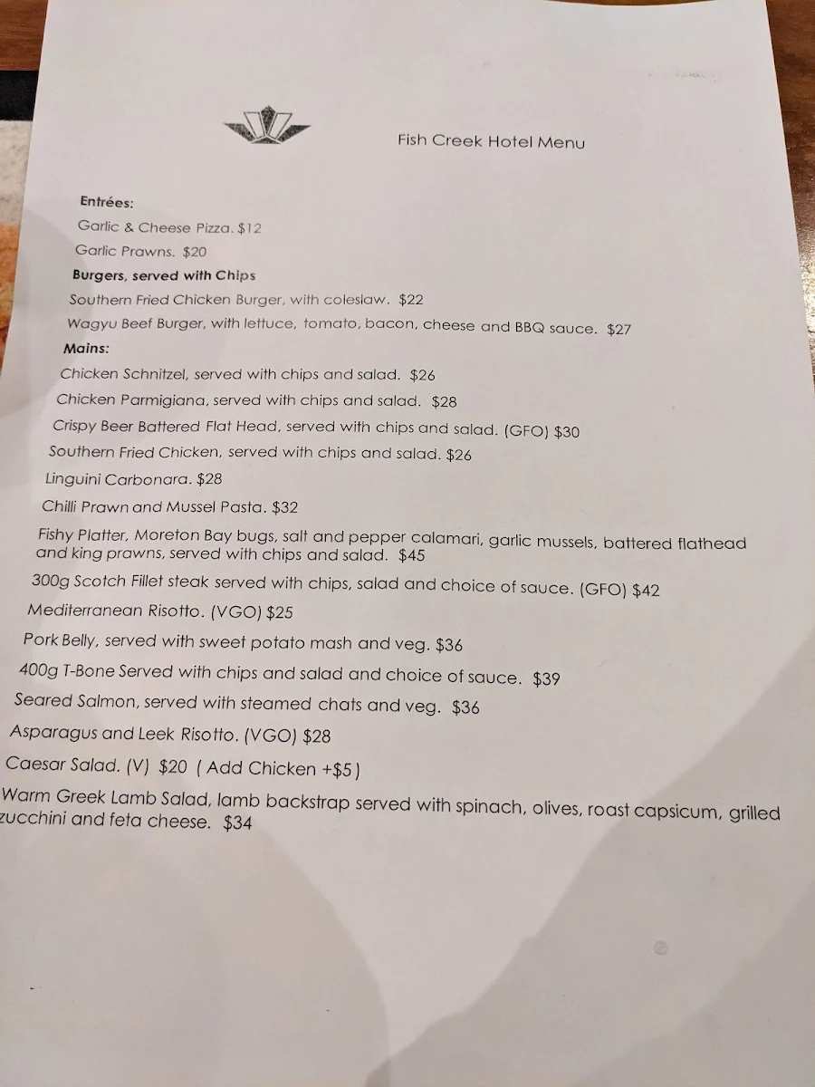 Menu, Fish Creek Hotel