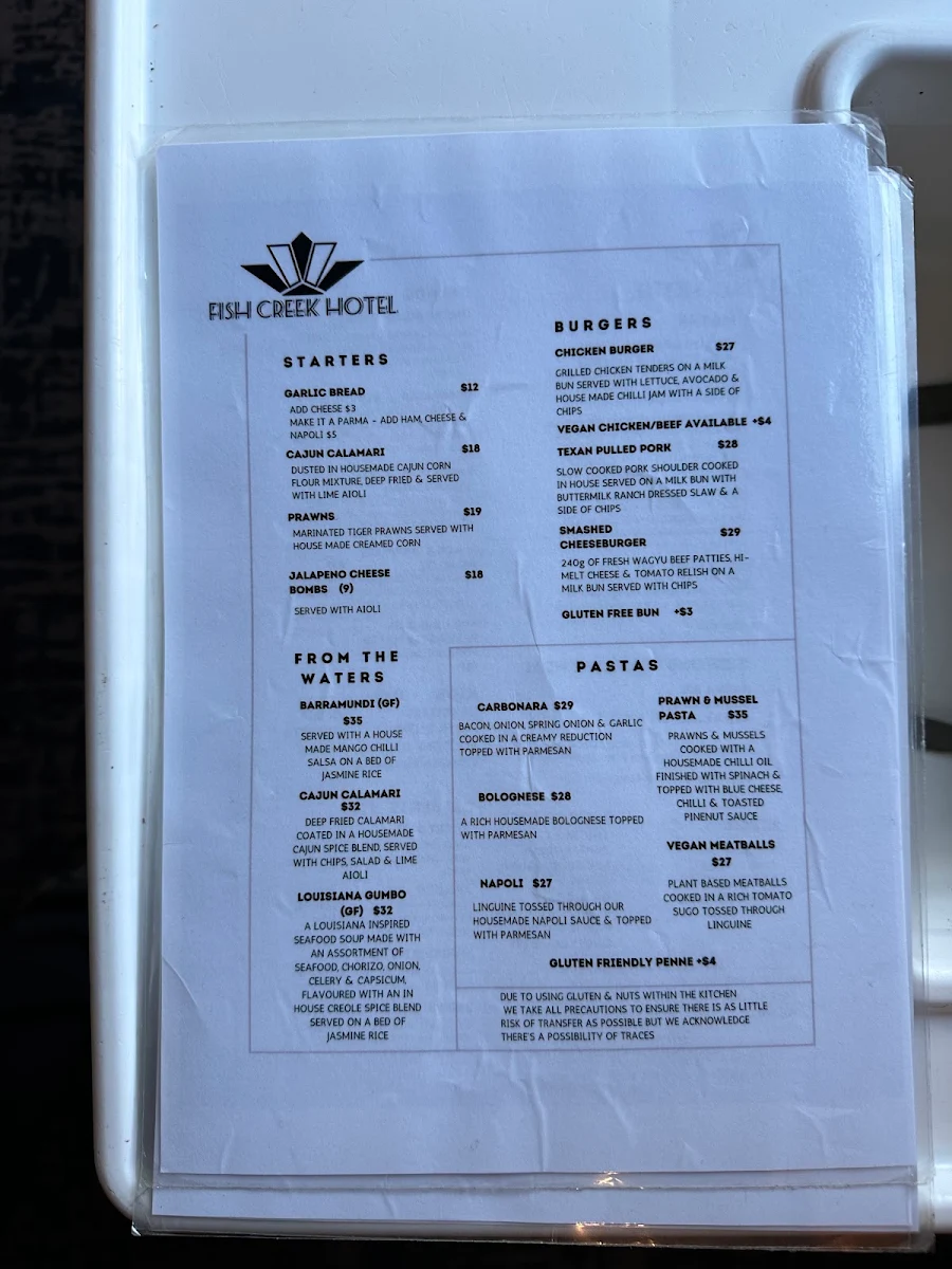 Menu, Fish Creek Hotel