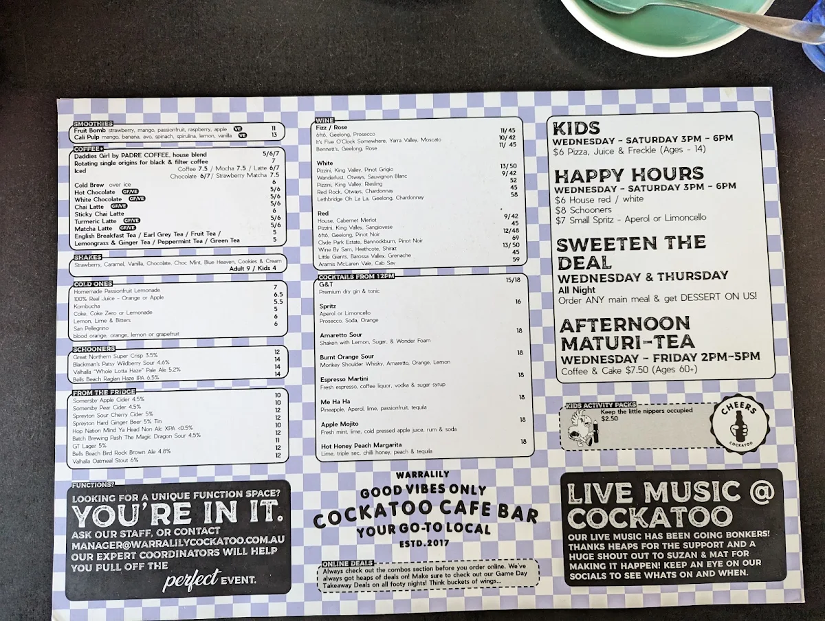 Menu, Cockatoo