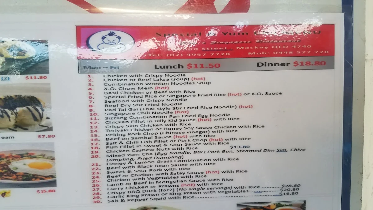 Menu, Sam's Singapore Restaurant