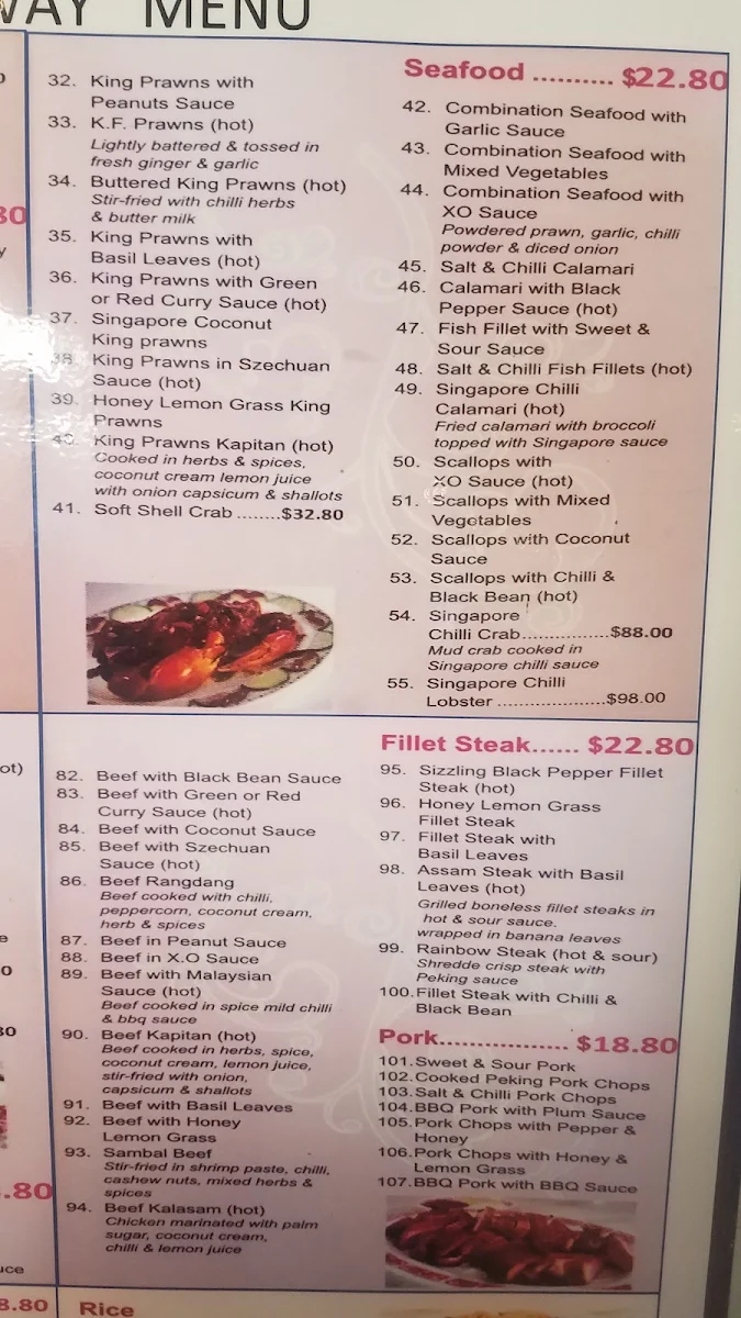 Menu, Sam's Singapore Restaurant