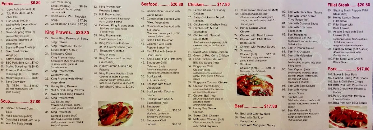 Menu, Sam's Singapore Restaurant
