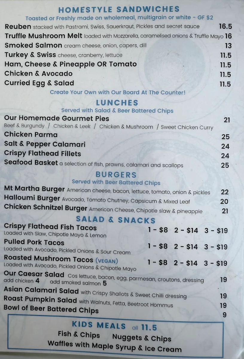Menu, Mount Martha Fine Foods