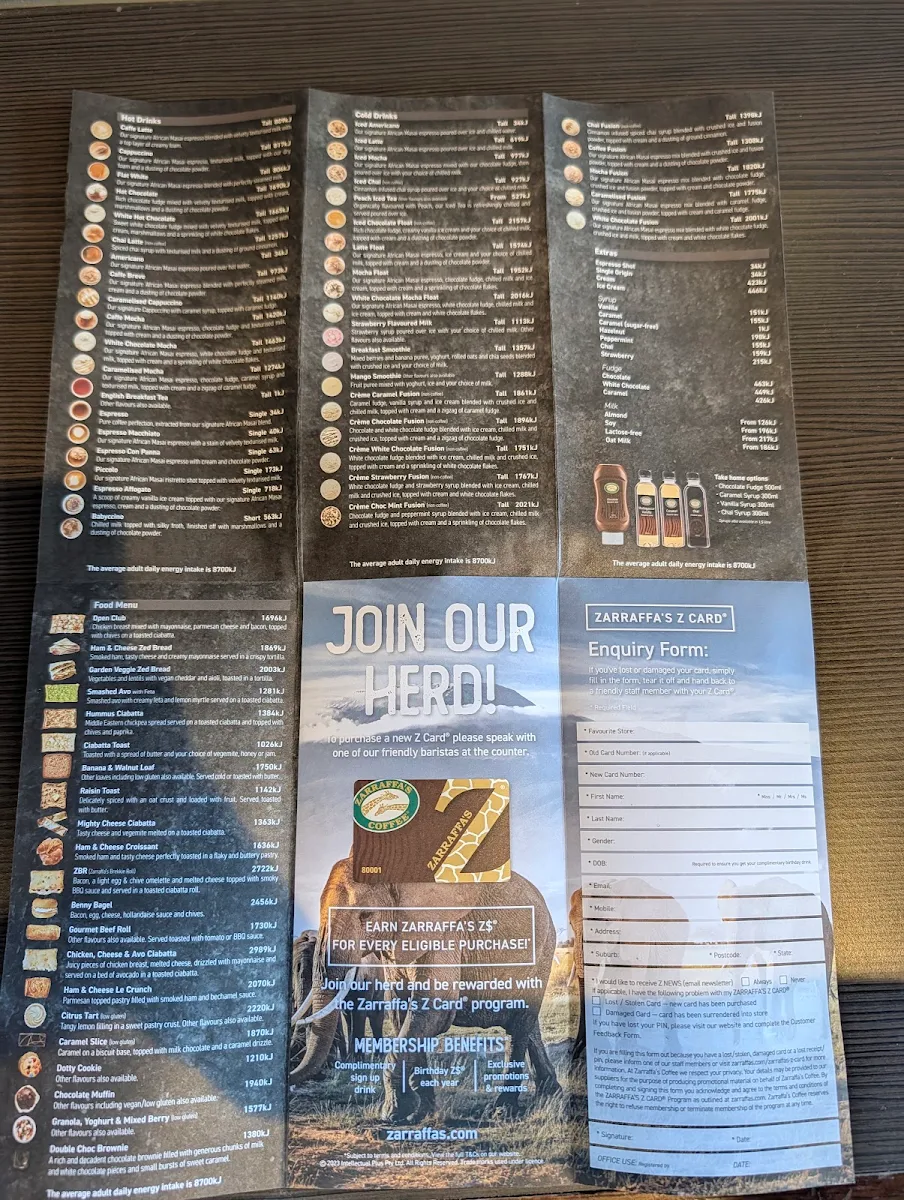 Menu, Zarraffa's Coffee Coffs Harbour North