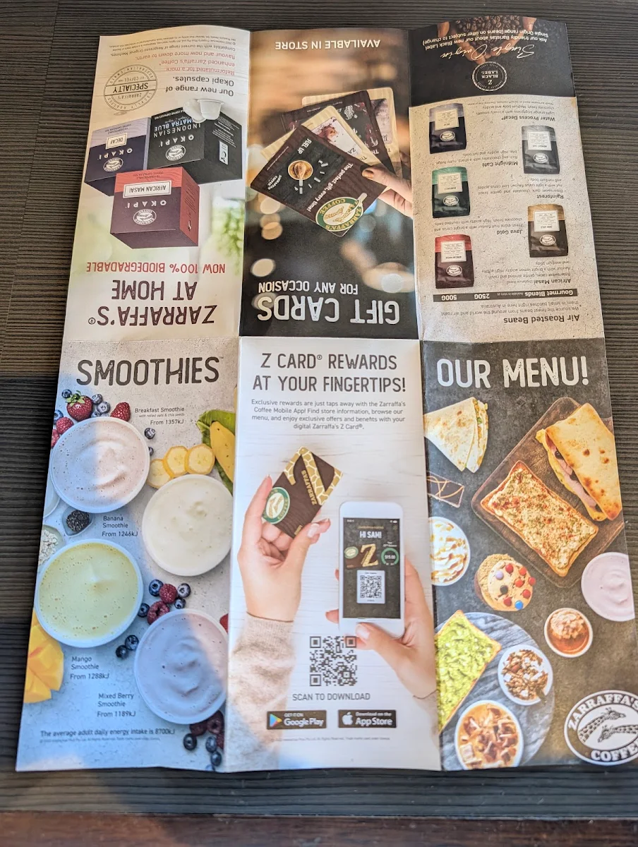Menu, Zarraffa's Coffee Coffs Harbour North