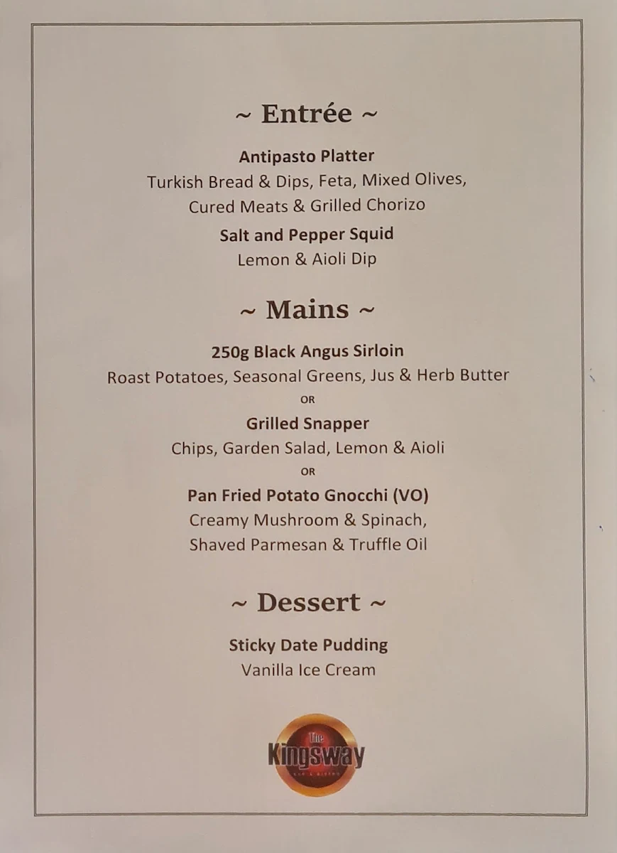 Menu, Kingsway Bar & Bistro