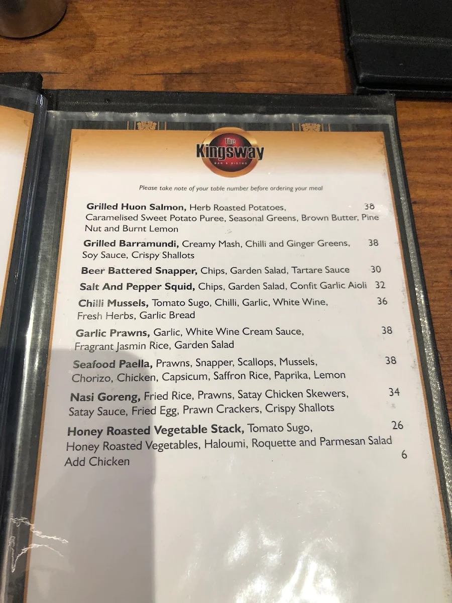 Menu, Kingsway Bar & Bistro