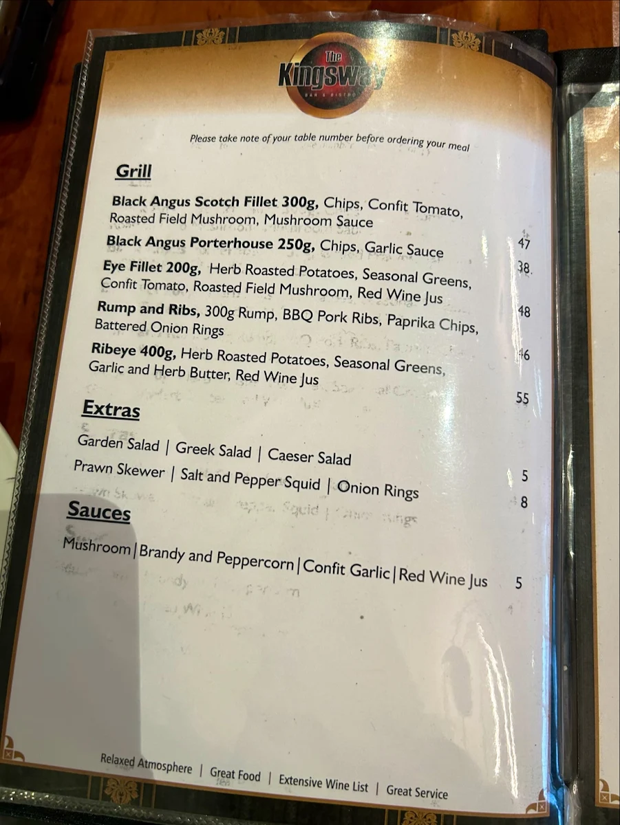 Menu, Kingsway Bar & Bistro