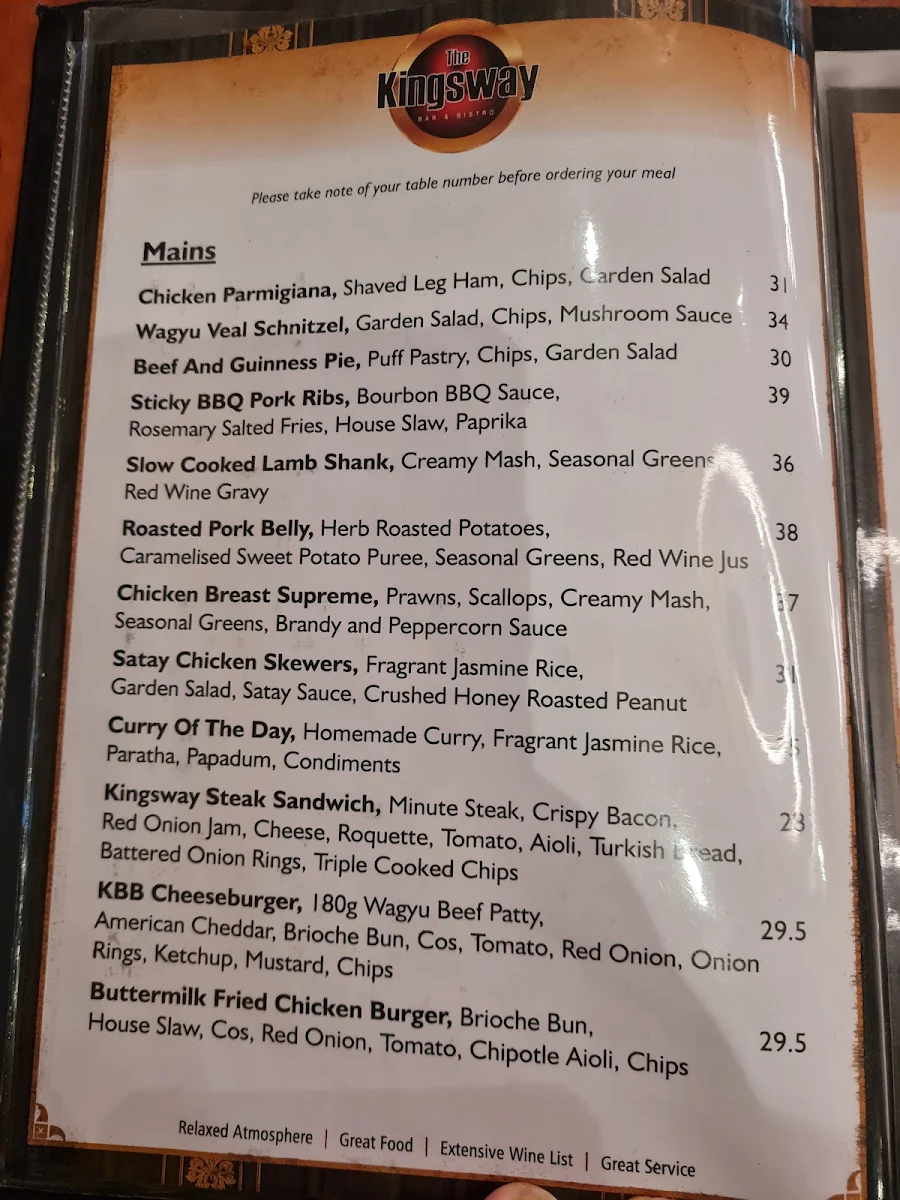 Menu, Kingsway Bar & Bistro