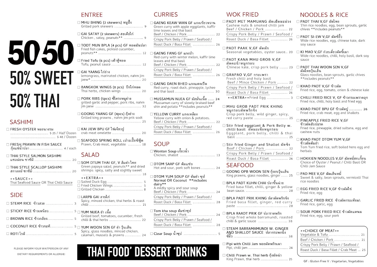 Menu, 50% Sweet 50% Thai