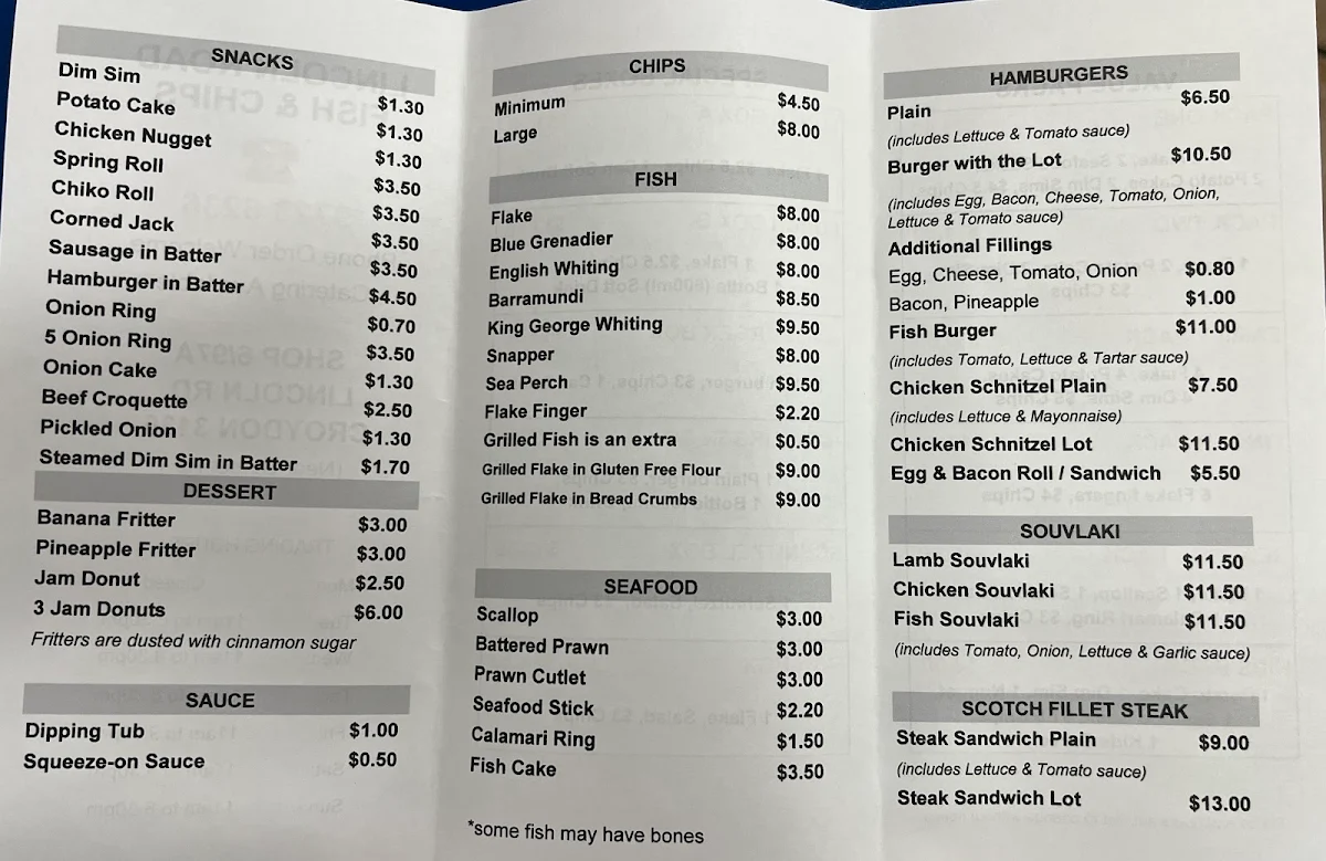 Menu, Lincoln Road Fish & Chips